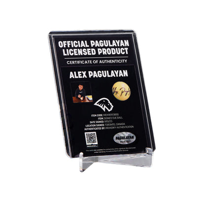 Certificate of authenticity for signed cue ball by Alex Pagulayan with hologram, QR code, and licensing details.