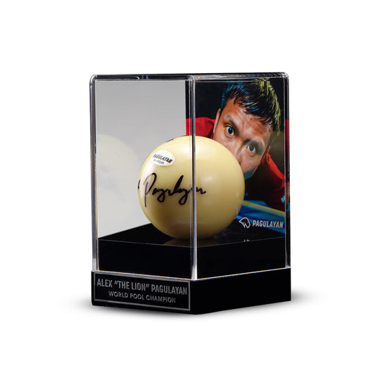 Signed cue ball display in acrylic case featuring Alex Pagulayan with engraved base and authenticated signature.