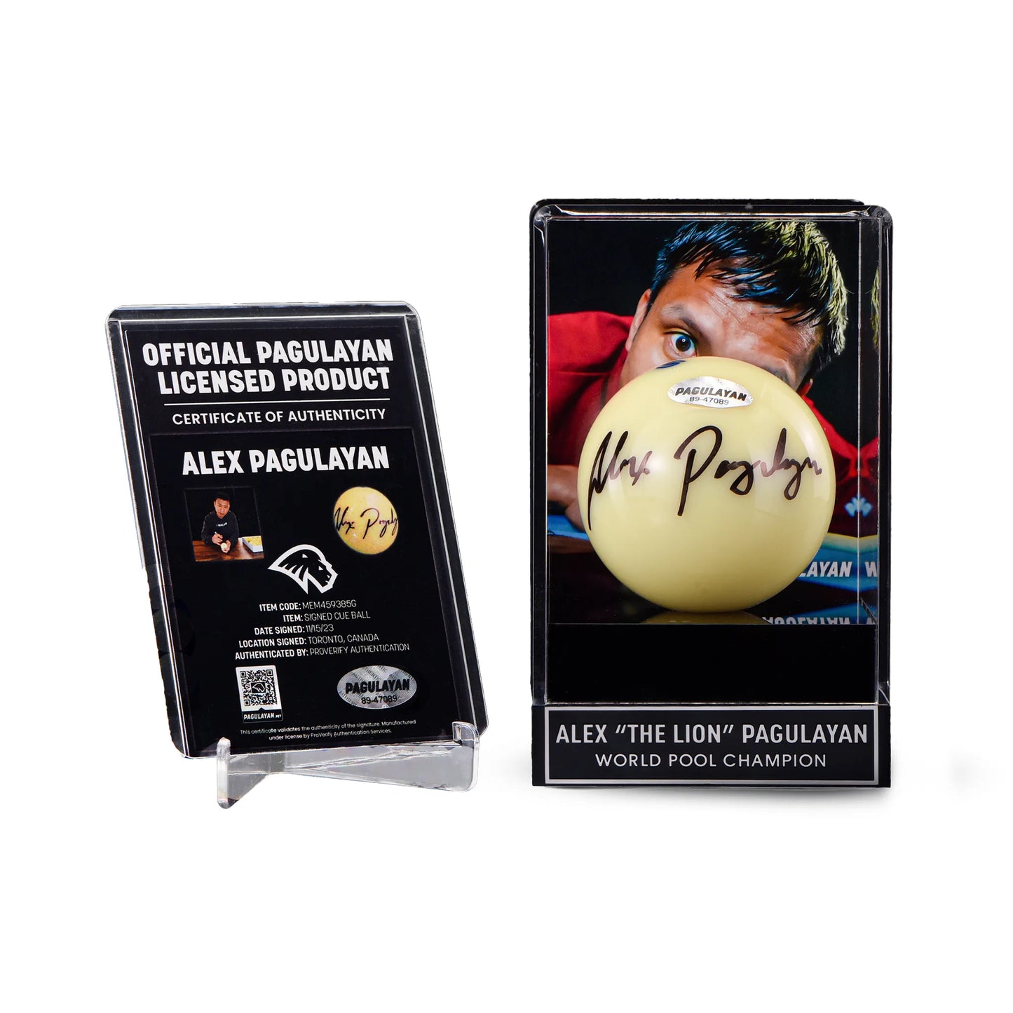 Signed cue ball display by Alex Pagulayan with acrylic case and certificate of authenticity.