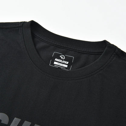Close-up of the crew neck collar and printed Pagulayan label on the Stealth Pagulayan Logo Long Sleeve Shirt.