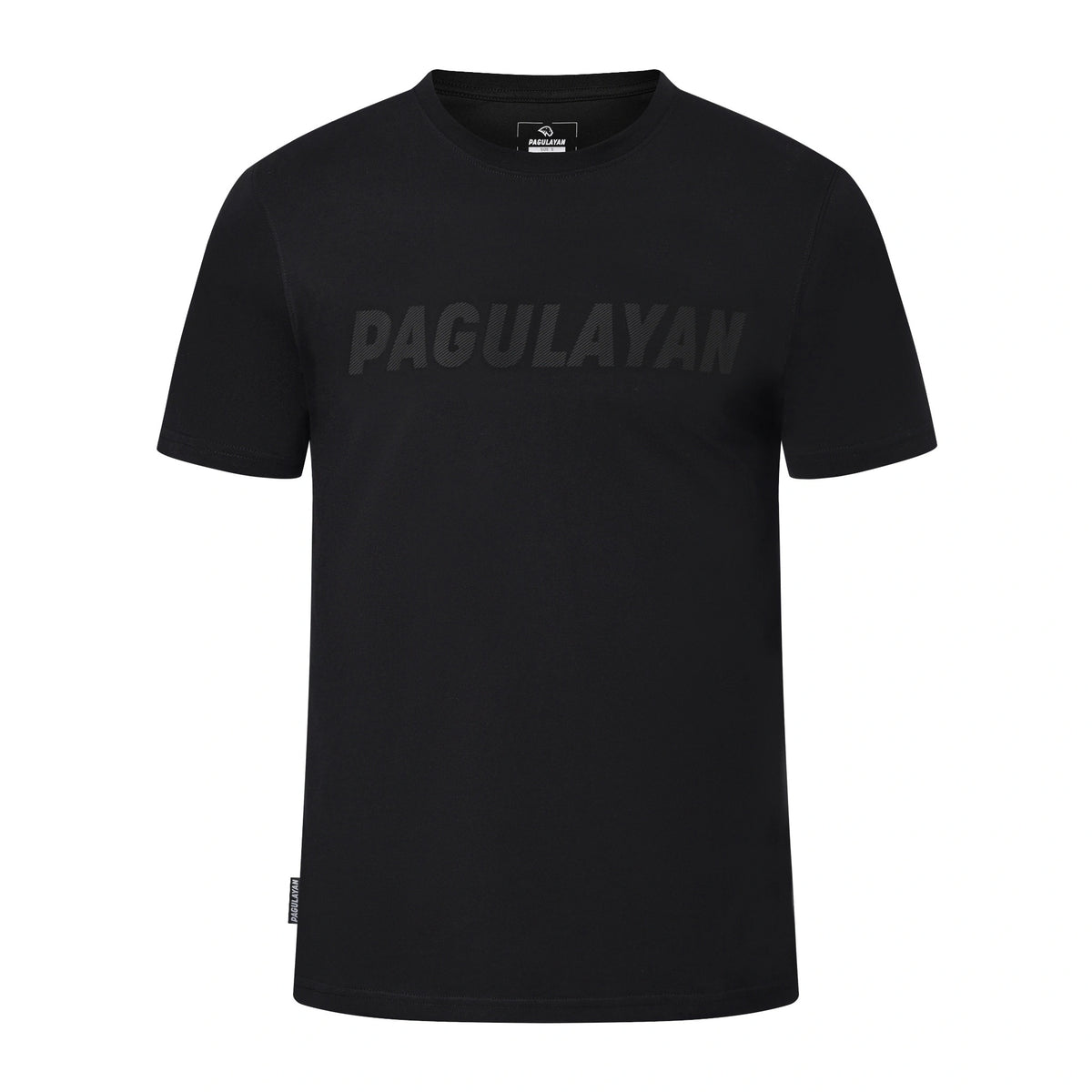 Front view of the black Stripe Pagulayan Logo Shirt with striped Pagulayan logo across the chest.