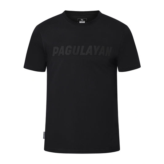 Front view of the black Stripe Pagulayan Logo Shirt with striped Pagulayan logo across the chest.
