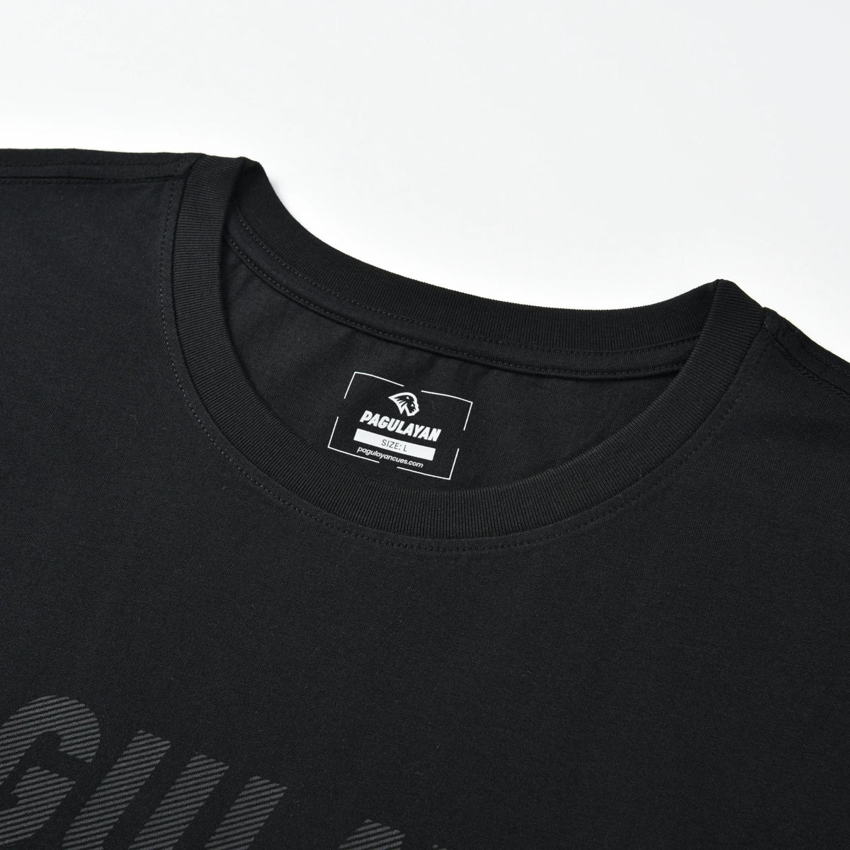 Close-up of the crew neck and printed inner label on the black Stripe Pagulayan Logo Shirt.