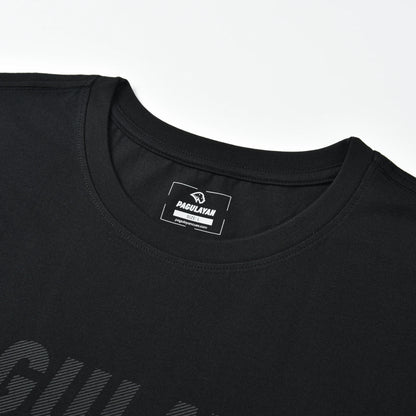 Close-up of the crew neck and printed inner label on the black Stripe Pagulayan Logo Shirt.