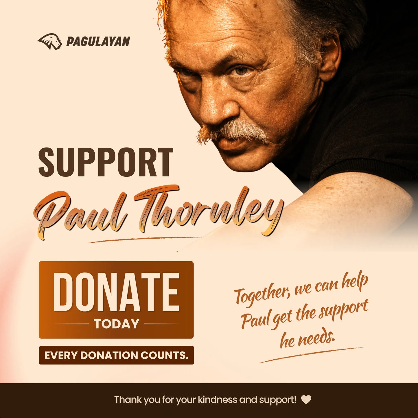 Support Paul Thornley donation banner encouraging contributions to help with his care and recovery.