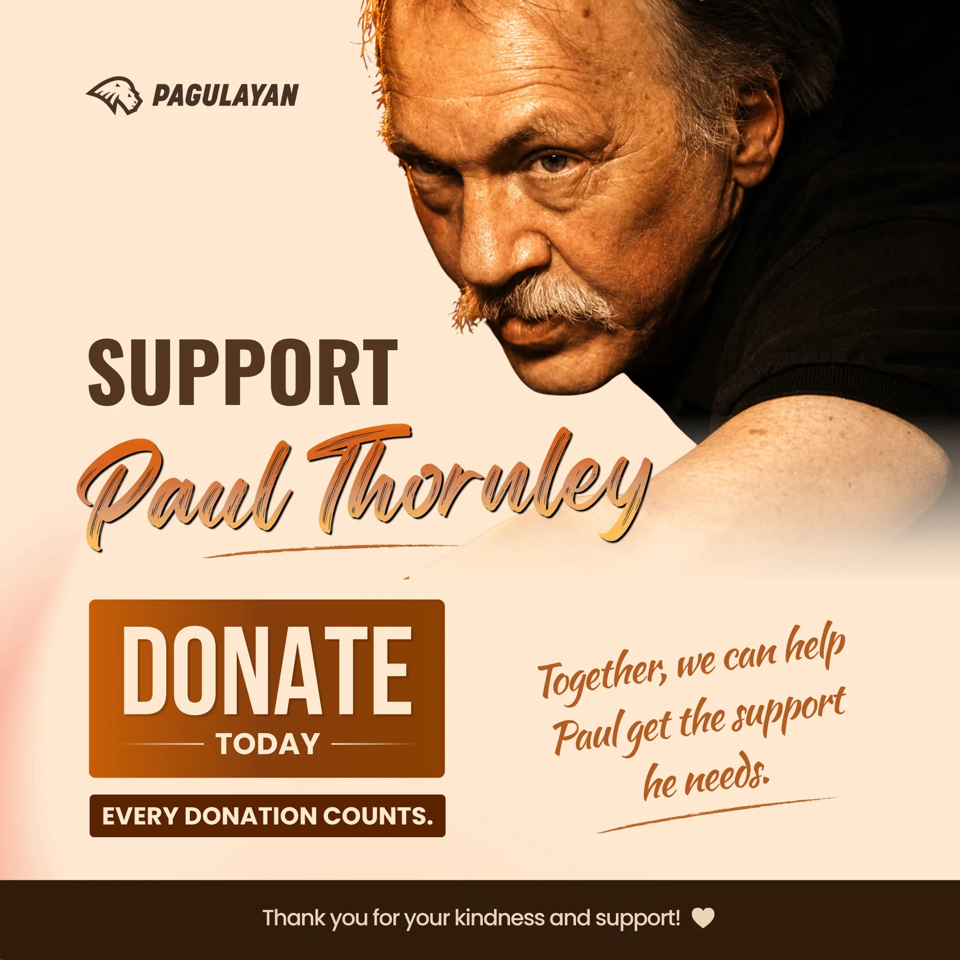 Support Paul Thornley donation banner encouraging contributions to help with his care and recovery.