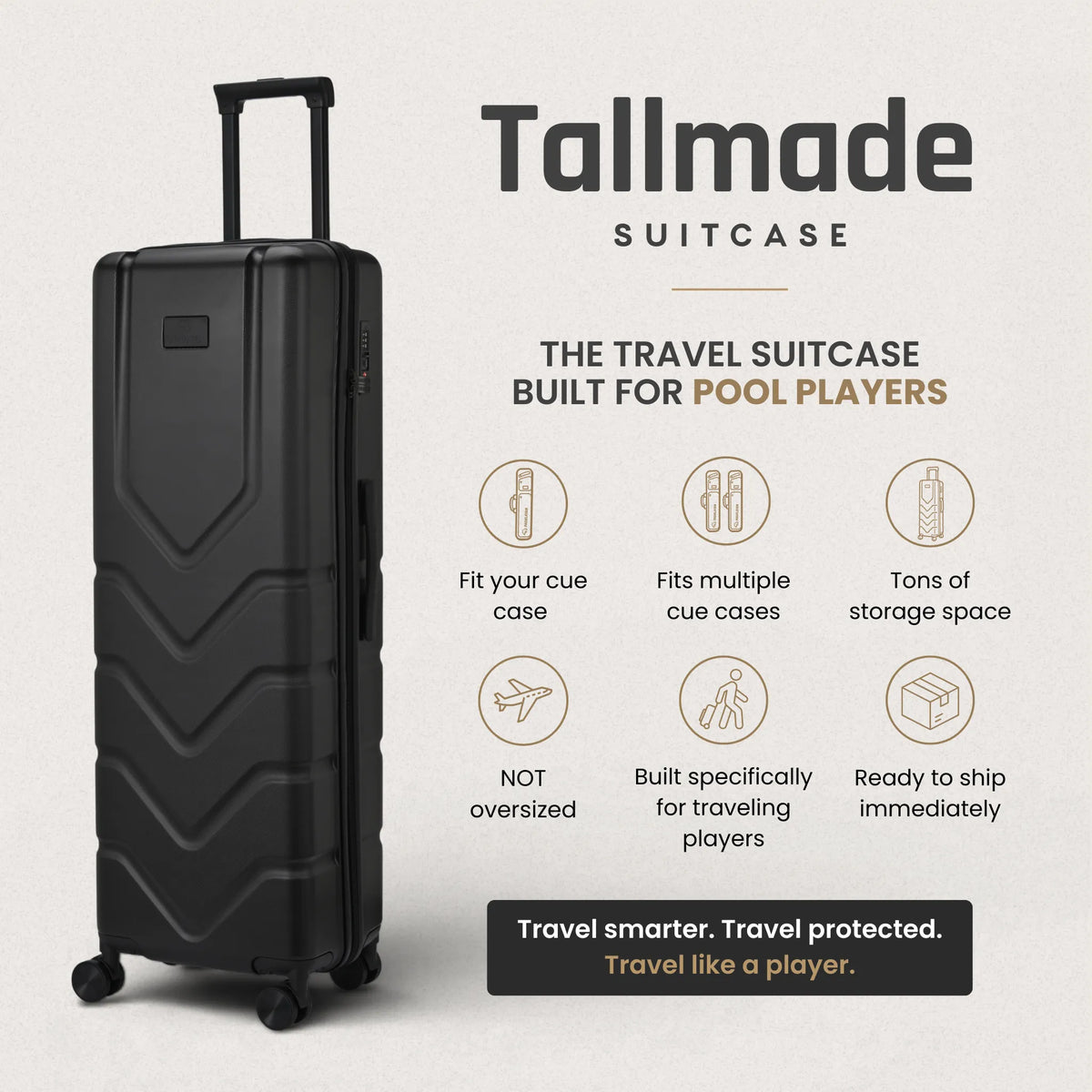 Black Tallmade suitcase with Tallmade branding and features on a light gray background.