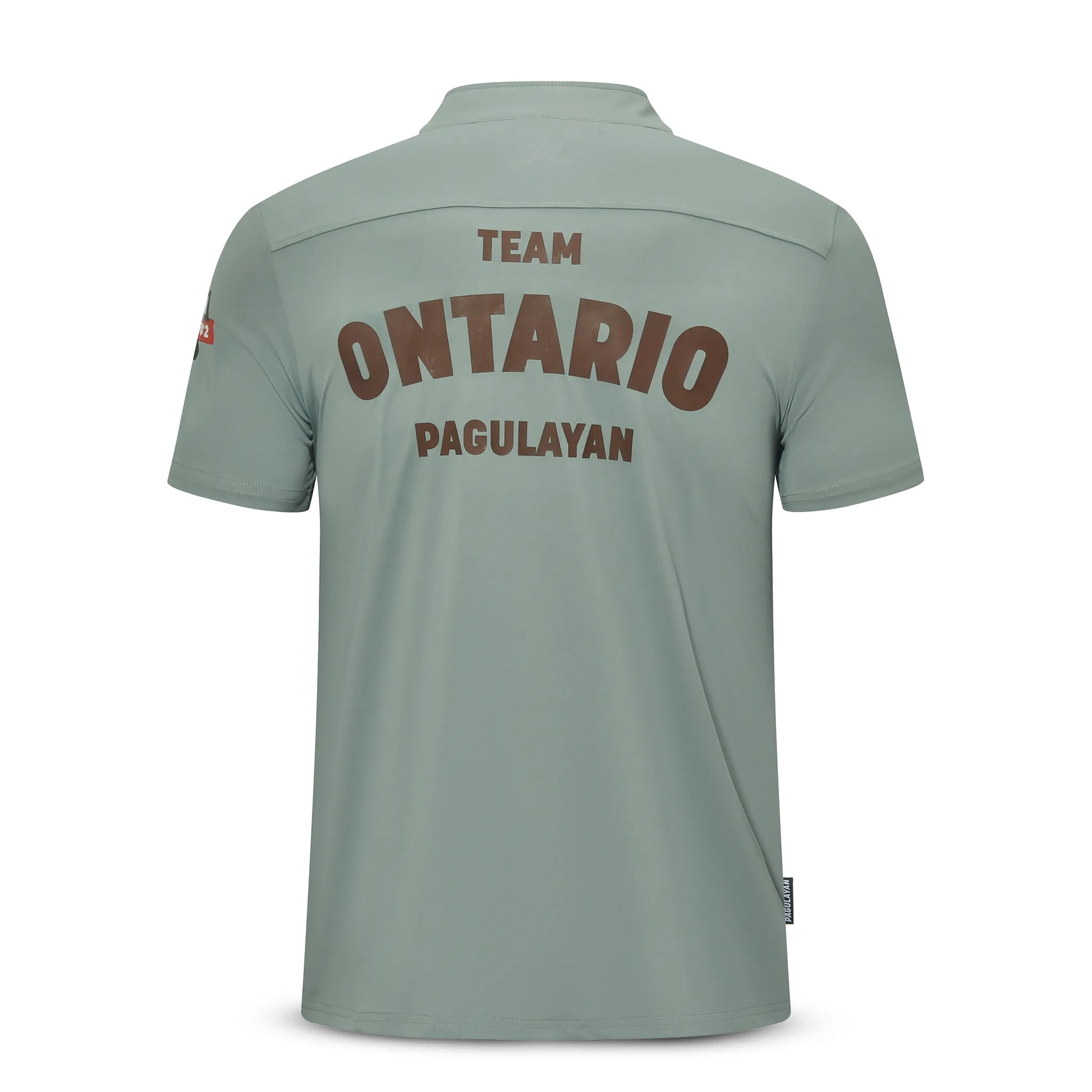 Back view of the Team Ontario billiards jersey showing the TEAM ONTARIO PAGULAYAN print on a light gray fabric.