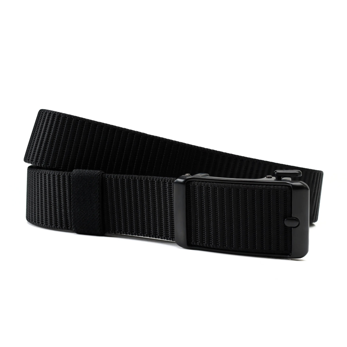 Black Tournament Click Belt with an adjustable woven strap and sleek automatic buckle.