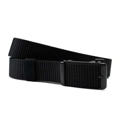 Black Tournament Click Belt with an adjustable woven strap and sleek automatic buckle.