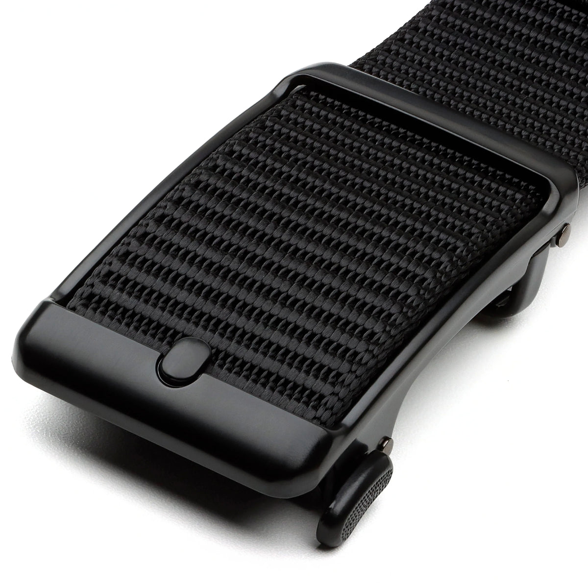 Close-up of the black Tournament Click Belt buckle with a textured woven strap and release lever.