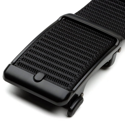 Close-up of the black Tournament Click Belt buckle with a textured woven strap and release lever.