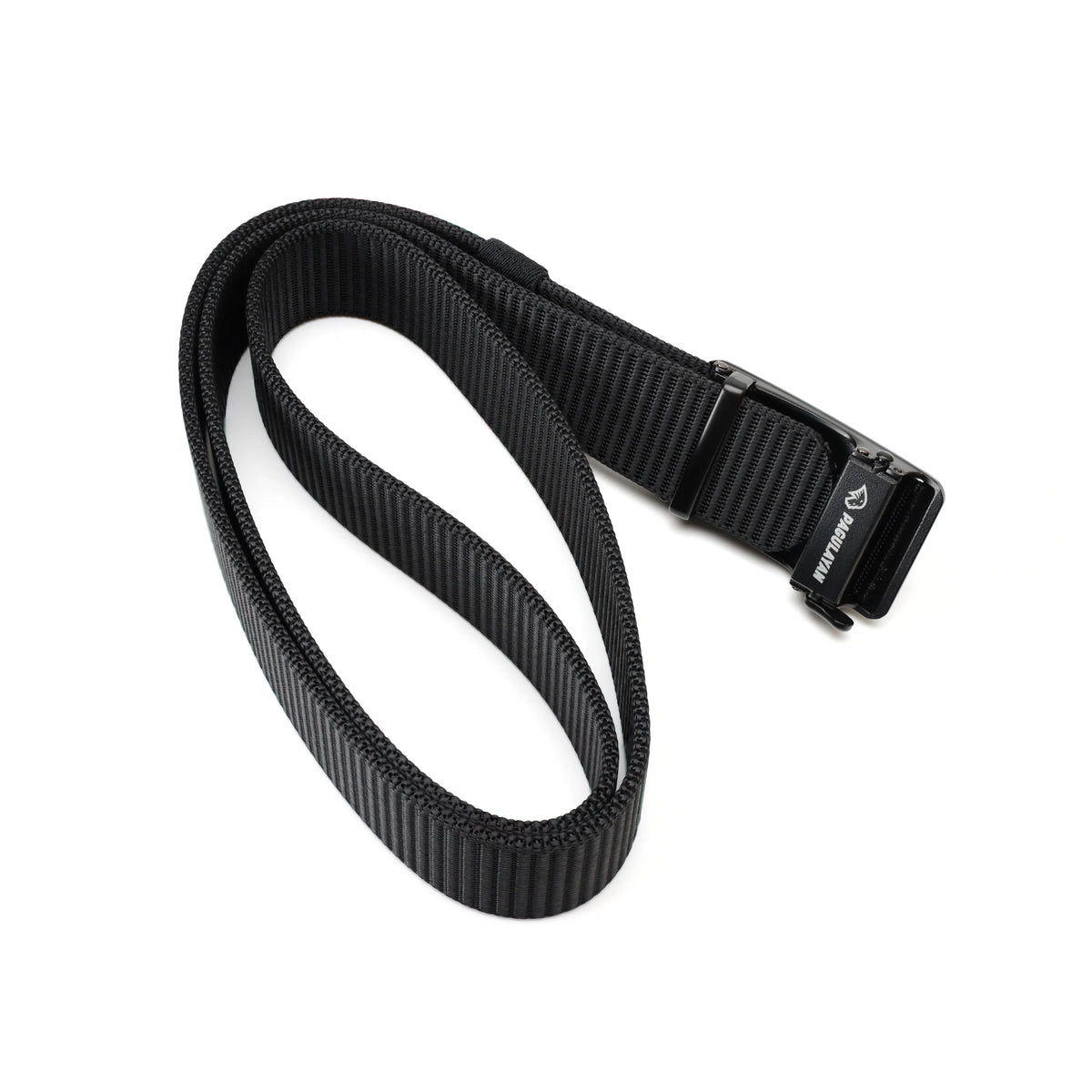 Black Tournament Click Belt coiled on a white background with an adjustable woven strap and Pagulayan branded buckle.