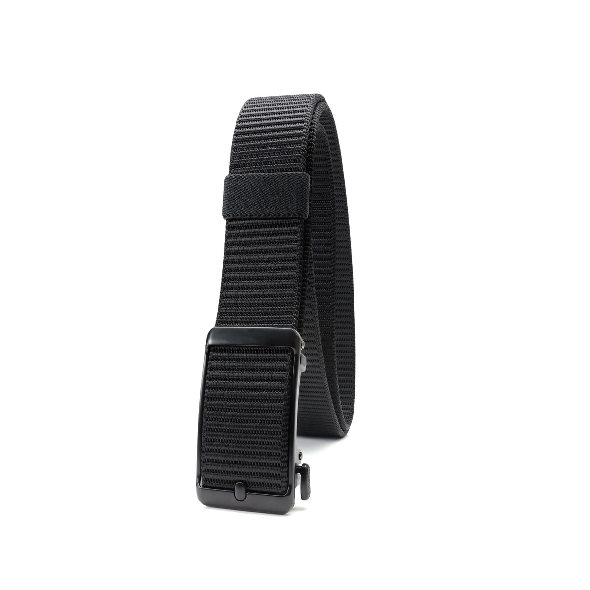 Front-angle view of the black Tournament Click Belt standing vertically with its woven strap and automatic buckle.