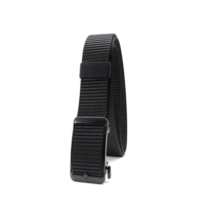 Front-angle view of the black Tournament Click Belt standing vertically with its woven strap and automatic buckle.
