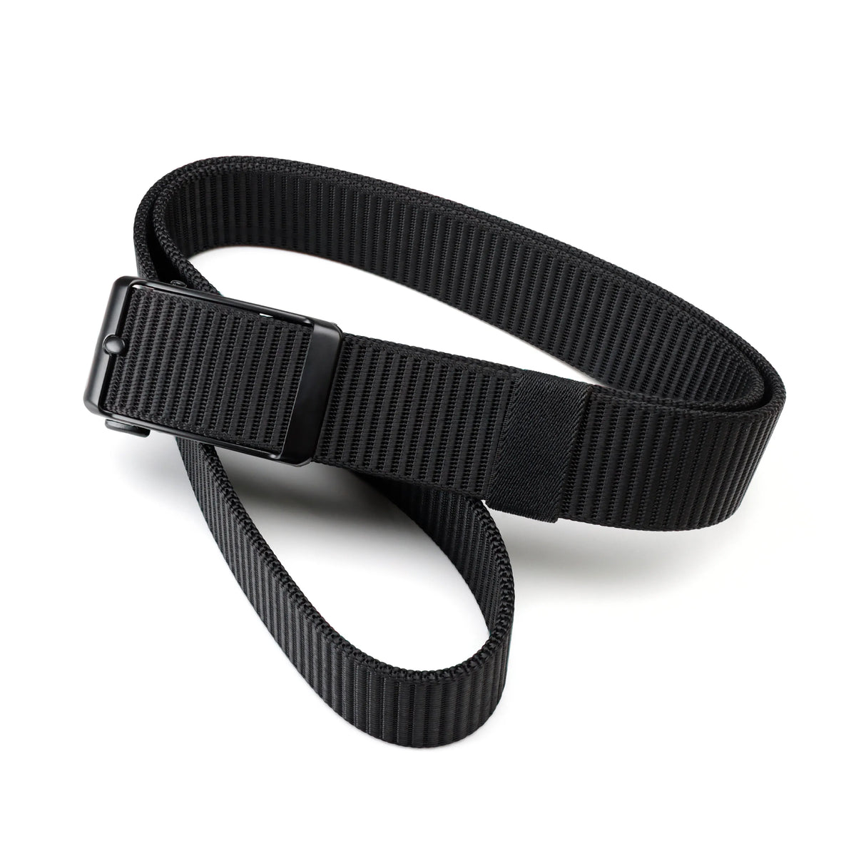 Front view of the black Tournament Click Belt arranged in a loop with an adjustable woven strap and automatic buckle.