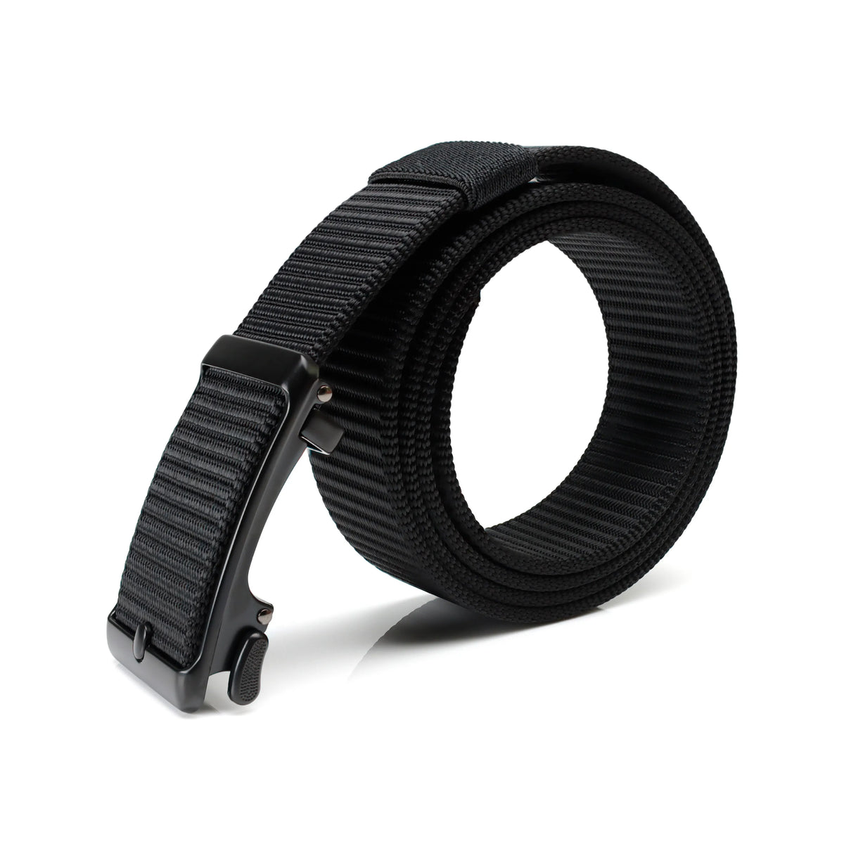 Side view of the black Tournament Click Belt coiled to show its woven strap and automatic buckle mechanism.