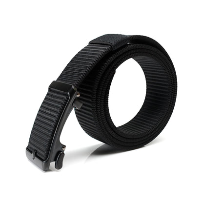 Side view of the black Tournament Click Belt coiled to show its woven strap and automatic buckle mechanism.