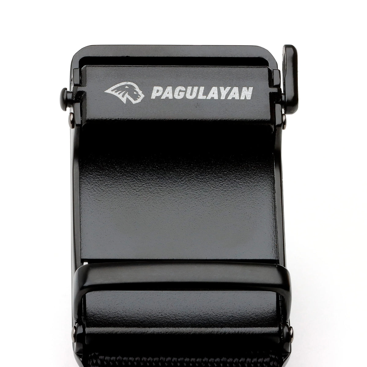 Front view of the black Tournament Click Belt buckle featuring the Pagulayan logo and release lever.