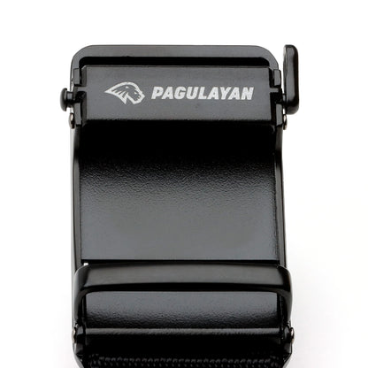 Front view of the black Tournament Click Belt buckle featuring the Pagulayan logo and release lever.